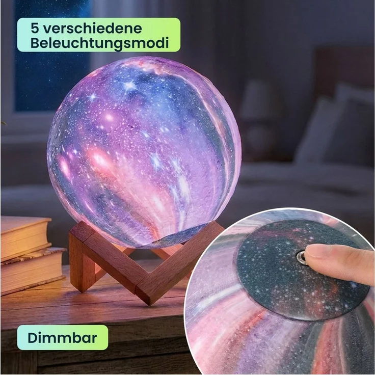 Casativo Nachtlicht 3D Galaxy Mond Lampe 15cm: 16 Farben, dimmbar, Fernbedienung & Holzfuß, Akku Nachtlicht & Deko – Bild 4