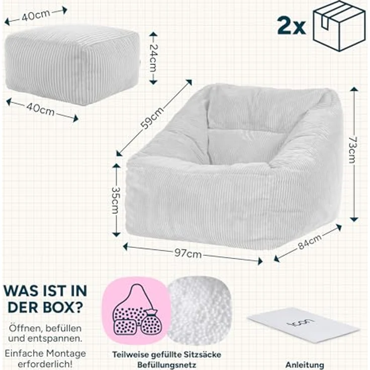 Icon Natalia Sitzsack Sessel mit Hocker für Erwachsene, Mokkabraun, Flauschiger Cord Stoff, Riesen Sitzsack Cord mit Füllung, Bean Bag Chair, Bequemer Sessel Wohnzimmer, Lounge, Schlafzimmer, Büro – Bild 3