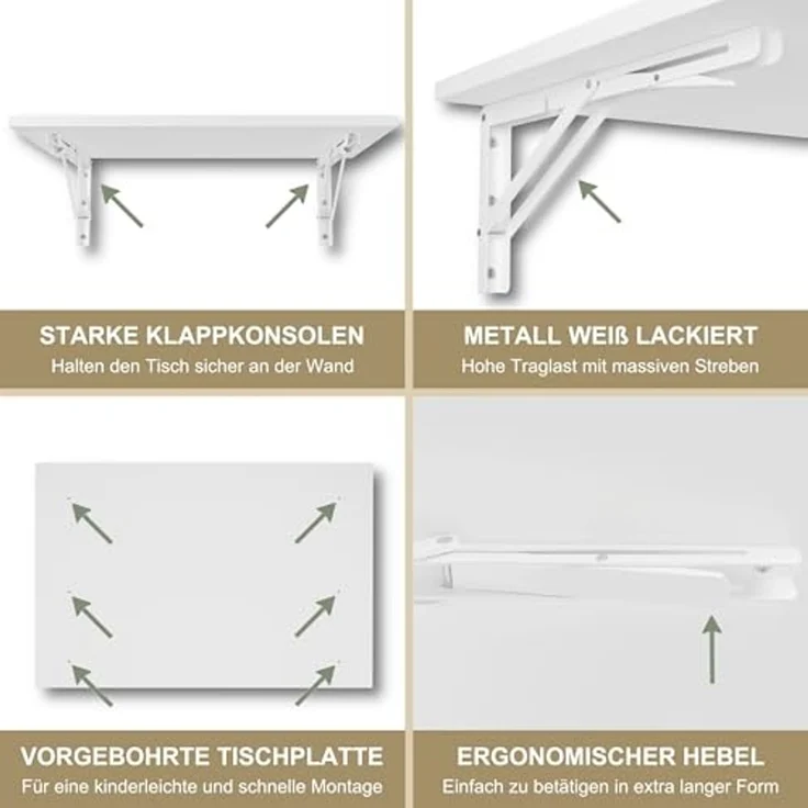KDR Produktgestaltung Klapptisch 60x40 Wandklapptisch Esstisch Küchentisch Schreibtisch Wand Tisch, Weiß – Bild 5