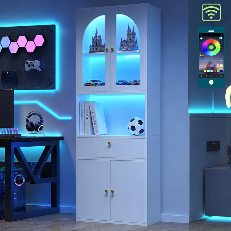 Glasvitrine, Bücherschrank, Büroschrank, Figurenschrank, Hochschrank, Stauraumschrank,Küchenschrank, mit RGB mehrfarbig dimmbaren LED-Leisten, per Smartphone-App steuerbar, weiß, 70 × 35 × 180 cm--Weiß--70x35x180cm--YOUDENOVA