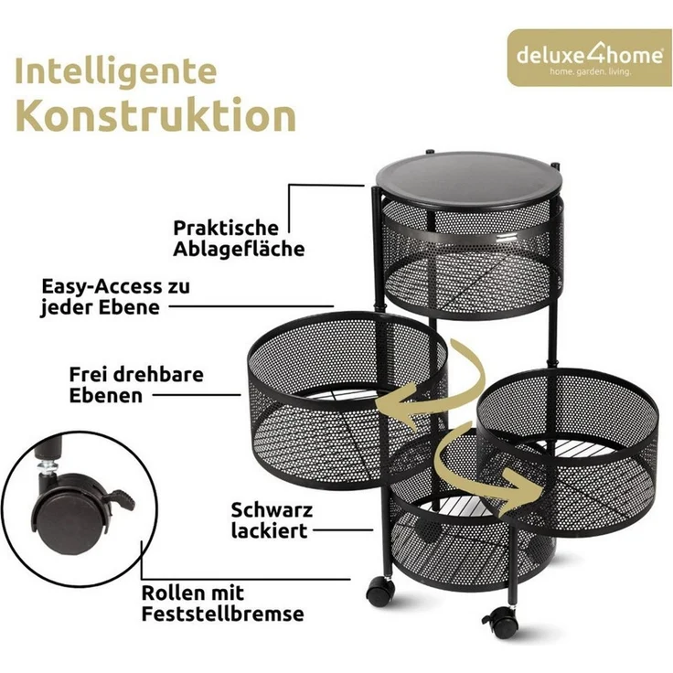 deluxe4home Rollwagen Küchenwagen mit 4 Ebenen I Rollbarer Aufbewahrungswagen, Schwenkbare Fächer – Bild 4