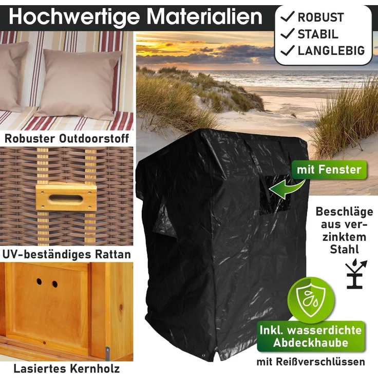 BRAST Strandkorb, Ostsee 3-Sitzer, XXL Volllieger inkl. Schutzhülle, Poly-Rattan, Rot/Beige gestreift, 165 x 160 x 79 cm – Bild 6