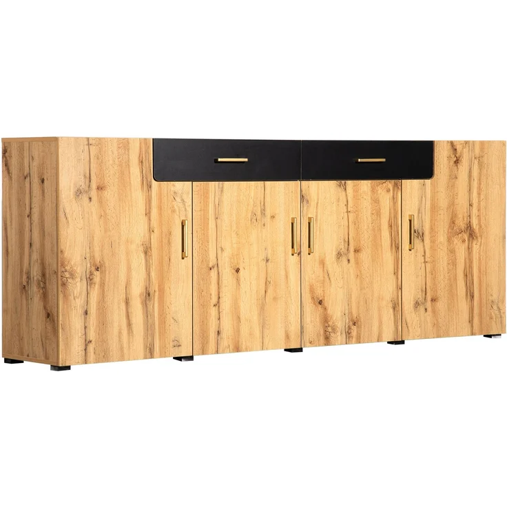 DESVIAE Sideboard mit 4 Türen und 2 Schubladen, 208x80x39,5 cm, Spanplatte und MDF, Weiß/Braun – Bild 8