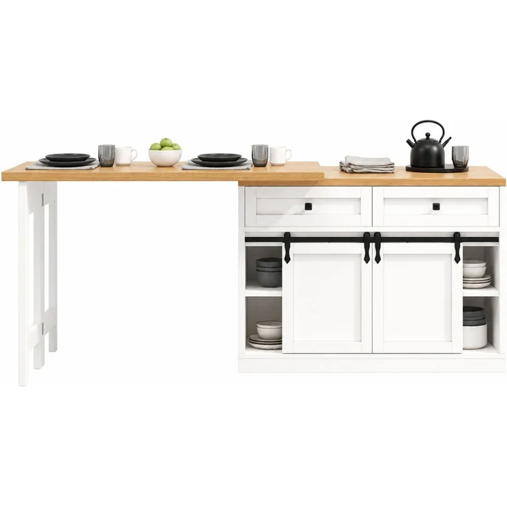 Esstisch, erweiterbar, B 120–197 x T 40 x H 72 cm, 360° drehbare Tischplatten, Weiß und Holzoptik – Bild 7