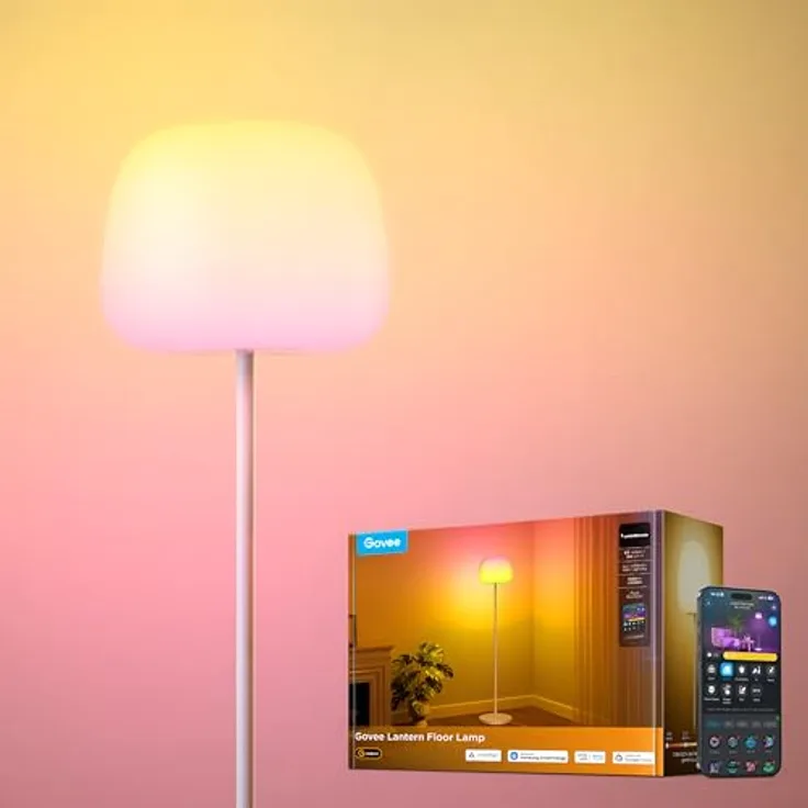 Govee Laterne Stehlampe LED RGBICWW, Dimmbar 1000K-10000K, 1400lm, Halo-Beleuchtung, 100 Szenen, Matter & Alexa Kompatibel, 160cm, Weiß Silikonkopf