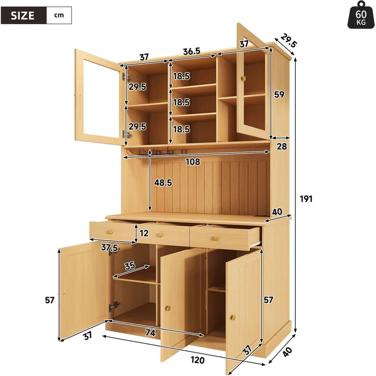 Buffetschrank 120 x 40 x 191 cm aus Spanplatte mit Glastüren, Schublade, Gläserhalter und Steckdosen – Bild 4