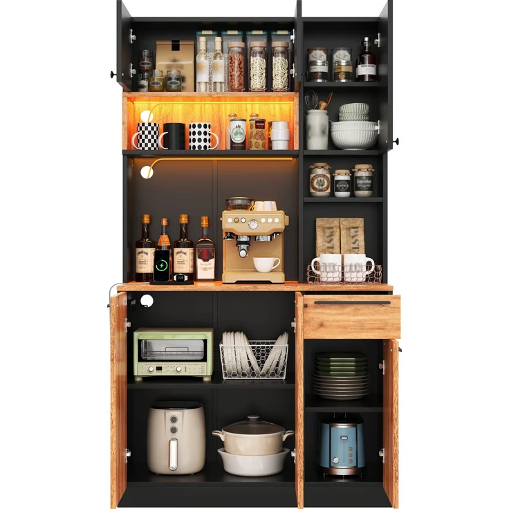 ZUBALIYA Buffetschrank 100x40x180 cm, mit LED-Beleuchtung, mit Steckdosen, mit 6 Türen, aus MDF, Natur – Bild 13