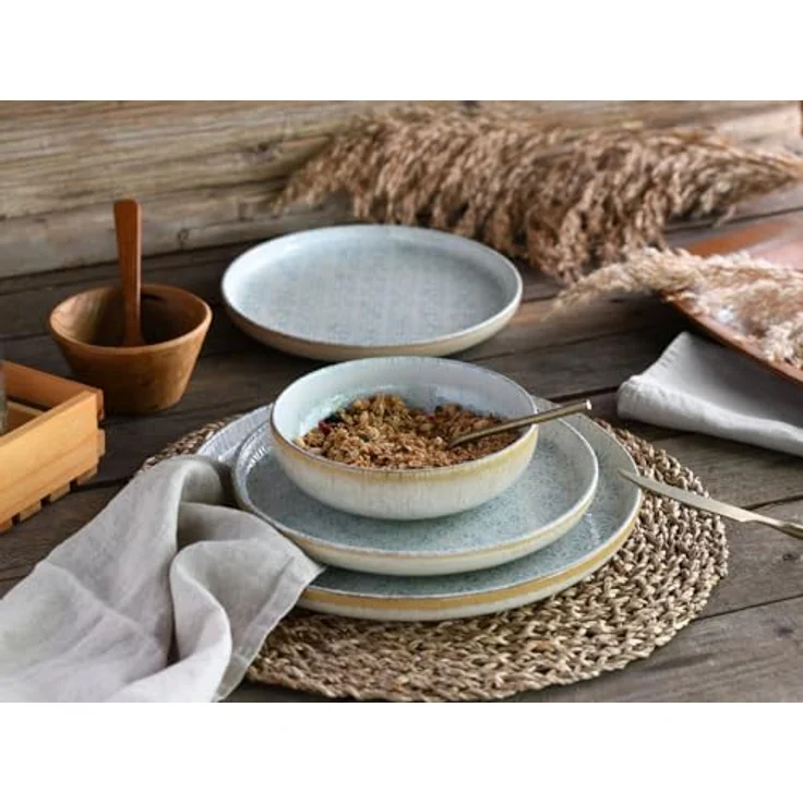 Creatable Tafelservice Uno Emiliana, 12-teiliges Geschirr-Set aus Keramik, creme und hellblau, lebensmittelecht und stapelbar – Bild 9