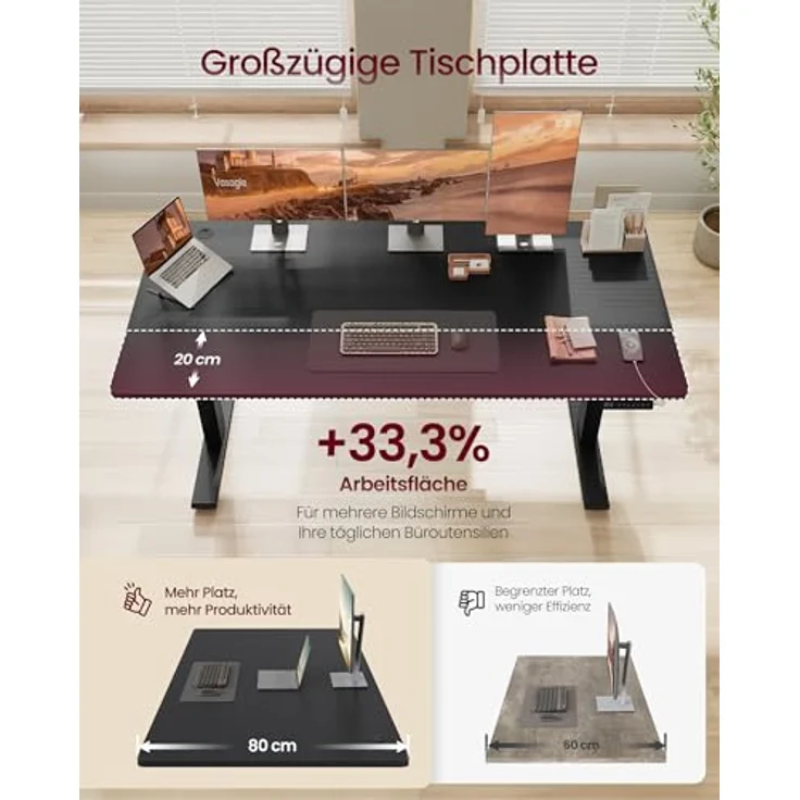 VASAGLE Höhenverstellbarer Schreibtisch, 160x80 cm, USB-C-Anschluss, Ablage für Steckdosenleiste, Stehtisch, Erinnerung bei langem Sitzen, 3 Speichertasten, für Büro, tintenschwarz LSD146BZ02 – Bild 5