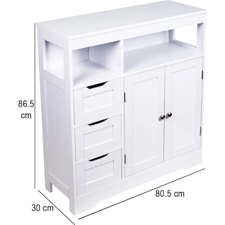Shally Dogan Badezimmerschrank aus weißem Holz mit 3 Schubladen, 2 Türen und 2 Regalen, platzsparend, Mehrzweck-Bodenschrank, freistehender Schrank für Wohnzimmer, Küche, Büro, Schrank 80,5 x 30 x – Bild 4
