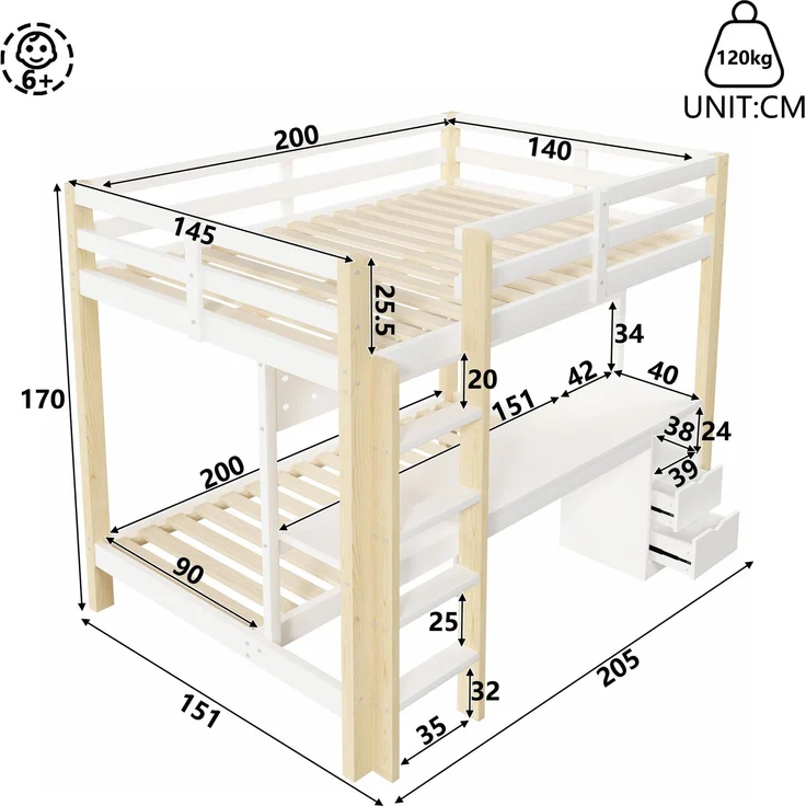 Merax Etagenbett, 90x200 cm & 140x200 cm, mit Schubladen und Schreibtisch, inklusive LED-Lichtleiste, (Keine Stühle), Natur – Bild 5