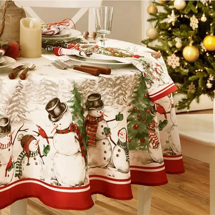 Elrene Home Fashions Snowman Winterland Holiday Snowflake Tischdecke, Polyester, Bunt, 70" Round (Tablecloth) – Bild 2