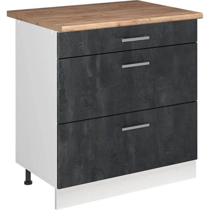 Küchenunterschrank R-Line Schwarz Beton/Weiß 80 cm mit 3 Schubladen Arbeitsplatte Goldkraft Eiche Vicco – Bild 1