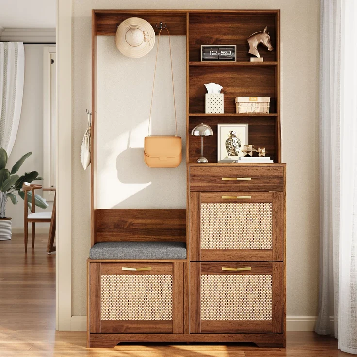 Garderobenschrank Flurgarderobe mit Sitzbank Schuhschrank Rattan Front Kleiderhaken Schubladen Stauraumschrank Eingangsbereich--Nussbaum--100x30x170cm--YOUDENOVA – Bild 2