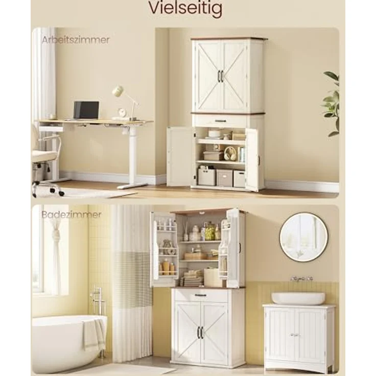 VASAGLE Küchenschrank mit Türen, Landhausstil, Schublade, Ablage und verstellbaren Einlegeböden, vintageweiß, 178,6 x 40 x 80 cm, BBKDE364W02 – Bild 8