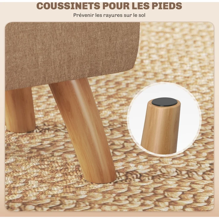 Fußhocker für das Wohnzimmer, gepolsterter Sitz aus Stoff mit Holzbeinen, 27 x 27 x 26 cm, hellbraun – Bild 8