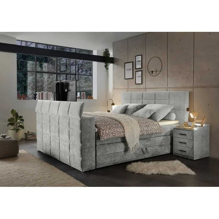 Stella Trading DENVER 6 Boxspringbett 180x200 mit Bettkasten, Schlamm - Bequemes Doppelbett mit 7-Zonen Federkern Matratze und Topper - 202 x 123 x 240 cm (B/H/T)