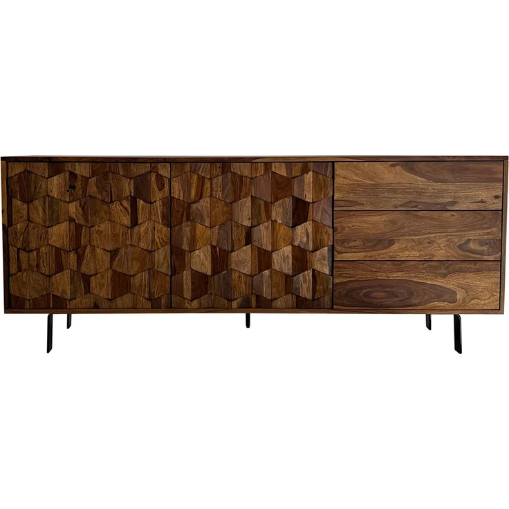 FineBuy Sideboard Sheesham Massivholz 175 cm 2 Türen & 3 Schubladen - Massive Retro Kommode mit Metall Beinen - Design Natur Anrichte - Handmade Industrial – Bild 6