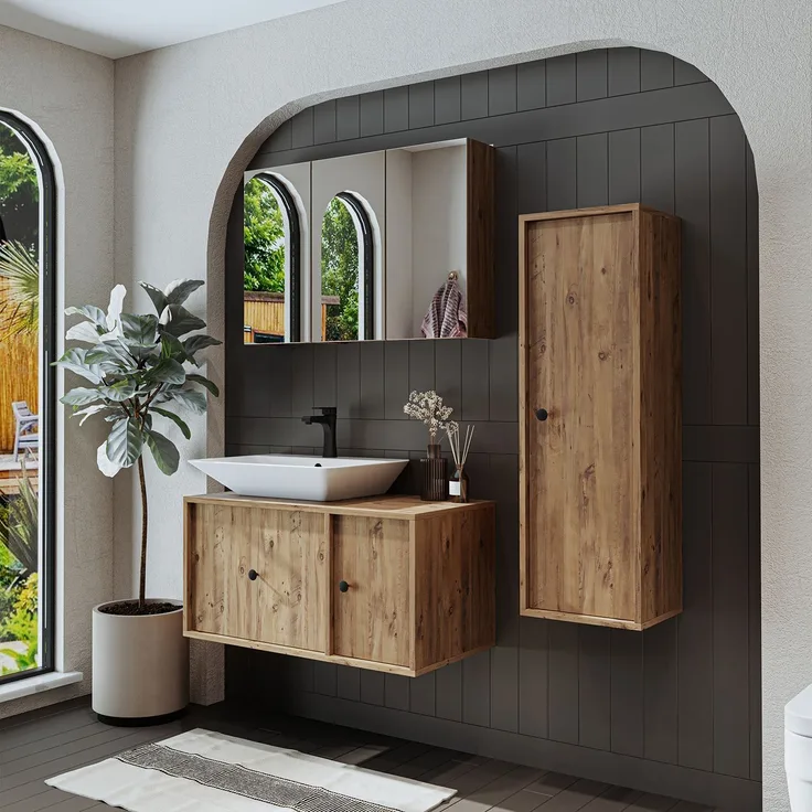 Skye Decor '2555' Badmöbel-Set mit Waschbecken & Spiegel (3-teilig), Atlantik-Kiefer, 90 x 58 x 45 cm