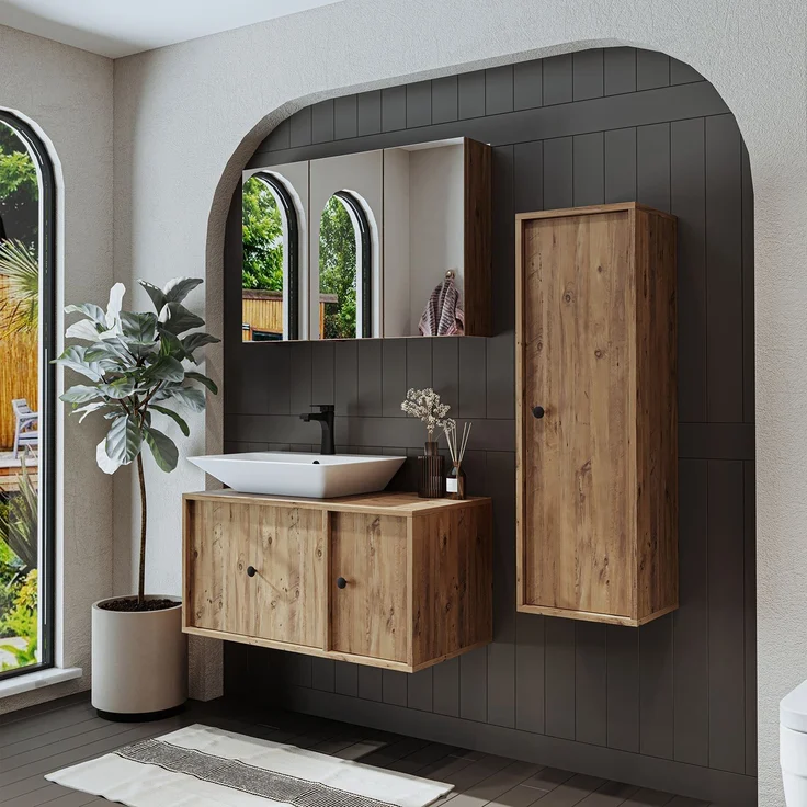 Skye Decor '2555' Badmöbel-Set mit Waschbecken & Spiegel (3-teilig), Atlantik-Kiefer, 90 x 58 x 45 cm – Bild 1