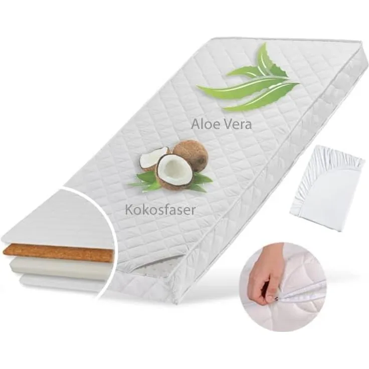 Kindermatratze 90x200 cm KOKOS mit gestepptem Aloe Vera-Bezug und zwei Härtegraden, 10 cm hoch, Babymatratze Kindermatratze 90x200 Kokos-Matratze für Babybett oder Kinderbett