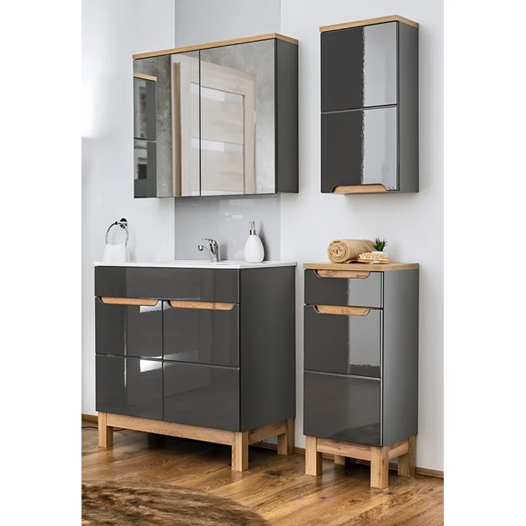 Badezimmer Hängeschrank SOLNA-56, Hochglanz grau mit Wotaneiche, B x H x T ca. 35 x 70 x 20cm – Bild 6
