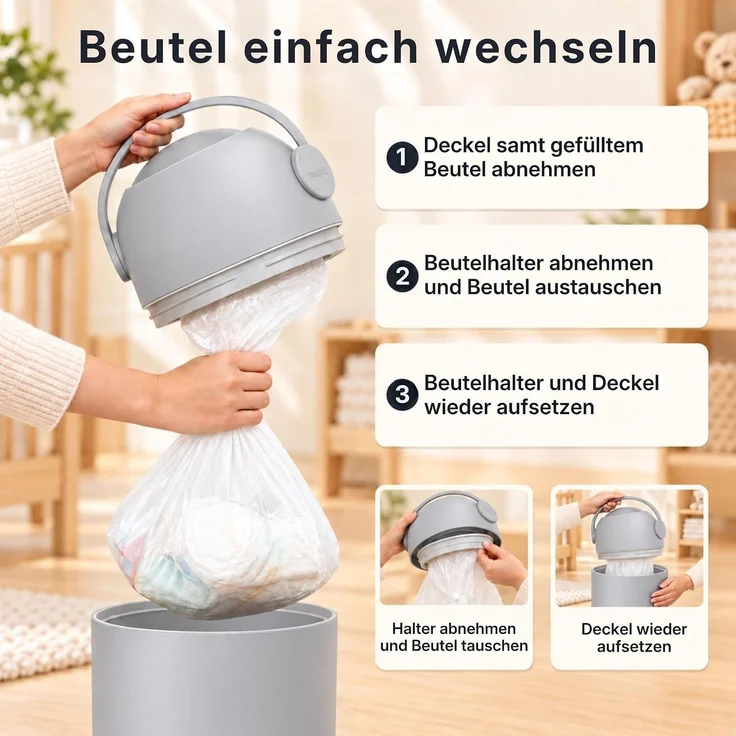 Set Magic Windeleimer, Abfalleimer mit Geruchsstopp, ohne Kassette + Windel | Hygienischer Mülleimer Geruchsdicht für Windeln ohne Kassette, Hygieneeimer für Windelentsorgung, Bad, Kinderzimmer, Küche – Bild 7