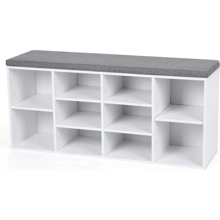 Vasagle Schuhbank mit 10 Fächern, Spanplatte weiß / Leinenimitat grau, 48 x 30 x 104 cm