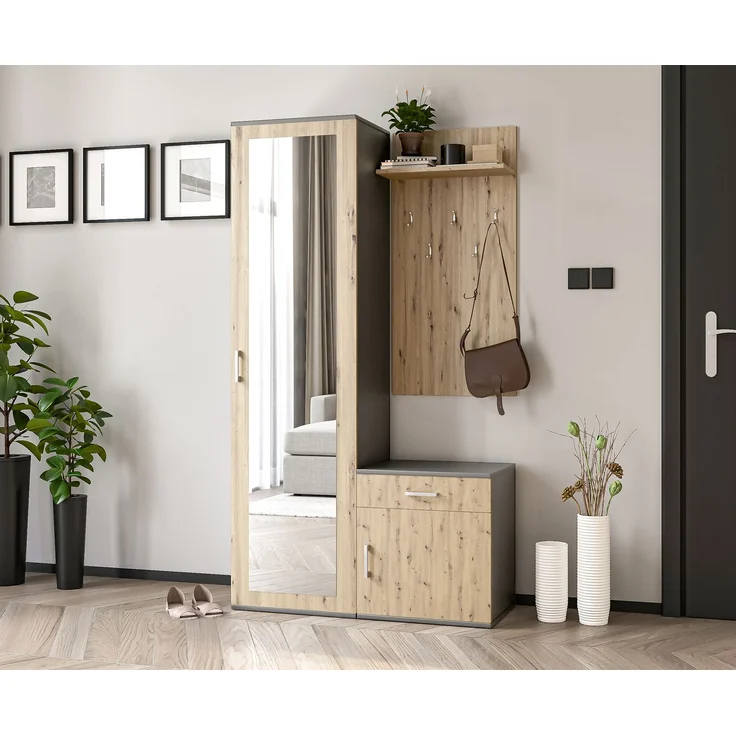 AX LIVING Garderobe mit Spiegel Magnola – 100 cm Breit, Grau & Eiche Artisan – Bild 1