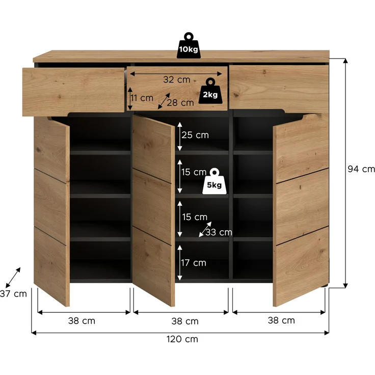 Schuhkommode (B/H/T: 120x94x37 cm) in Artisan Nachbildung – Bild 4