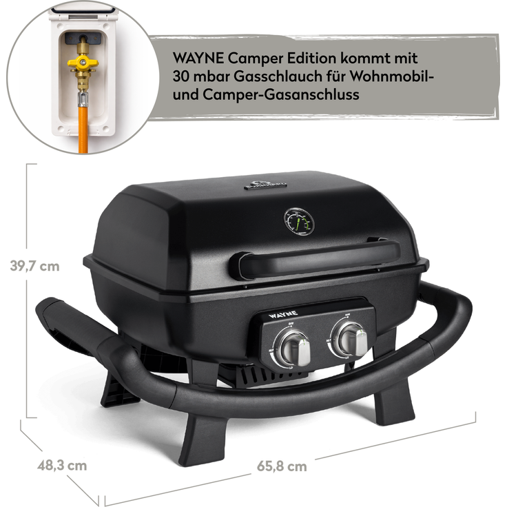 BURNHARD® WAYNE 2-Brenner Balkongrill – Tragbarer Gasgrill mit 4,4 kW, 2 Grillzonen, bis 390 °C, Gusseisenroste & Abdeckhaube - Camper Edition - Multi-Color - #946919 – Bild 3