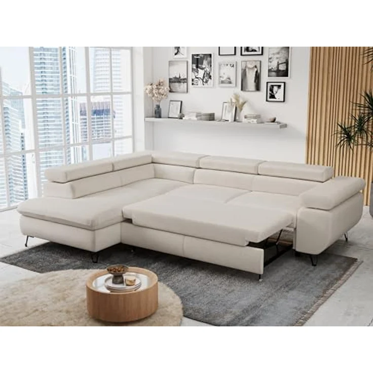 Mks Möbel 'Peter L-form' Ecksofa mit Bettfunktion, Bettkasten & einstellbaren Kopfstützen, Hellbeige, Mikrofaser, links – Bild 6