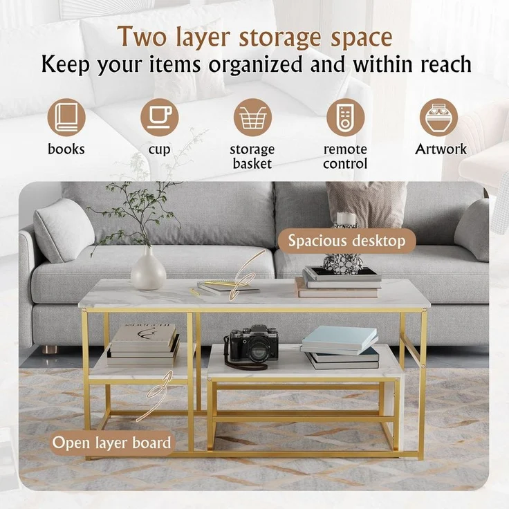 FUROKOY Couchtisch Beistelltisch Sofatisch wohnzimmertisch kaffeetisch 2er set (Quadratische,Set 2 in 1), Modern design Couchtisch mit goldenen beinen,Marmoroptik,Gold + Weiß – Bild 3