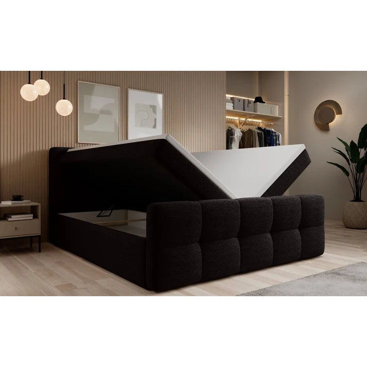 thematys Boxbett mit Bettkasten 200x200cm, mit Bonnellfederkernmatratze H3, Bouclé/Velours, mit Stauraum, mit 3 cm Topper, Schwarz (Arena 19), Art.-Nr. S04GH0RGAOW – Bild 4