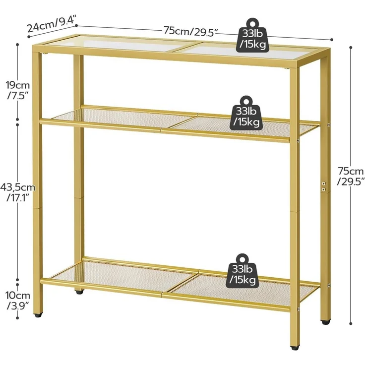 Hoobro Konsolentisch (Gold, schmaler Beistelltisch mit 3 Ebenen), Glas & Metall, Flurtisch, 75 cm – Bild 2