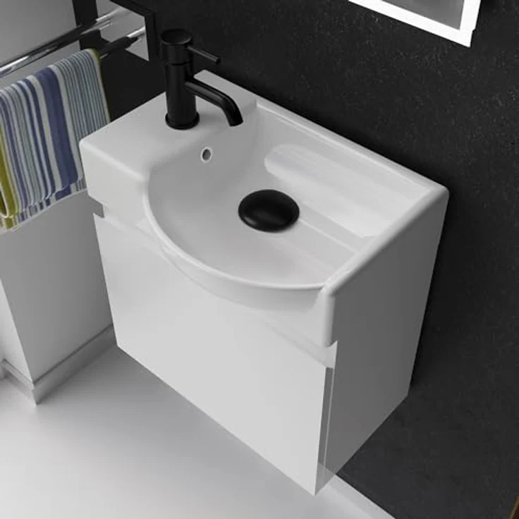 Alpenberger Badmöbel-Set - Gäste WC Waschbecken mit Unterschrank 45 cm Breit, (Badschrank 2-tlg, Waschtisch hängend), Waschbeckenunterschrank mit Softclose - Weiß - Rechts Becken – Bild 4
