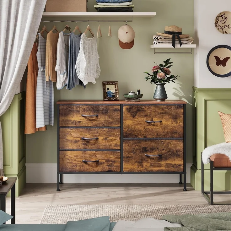 WLIVE Kommode mit 6 Schubladen aus Stoff, Kommodenschrank für Schlafzimmer, Kommode Wohnzimmer, mit Stabiler Stahlrahmen, Holzplatte, Vintagebraun-Schwarz – Bild 8