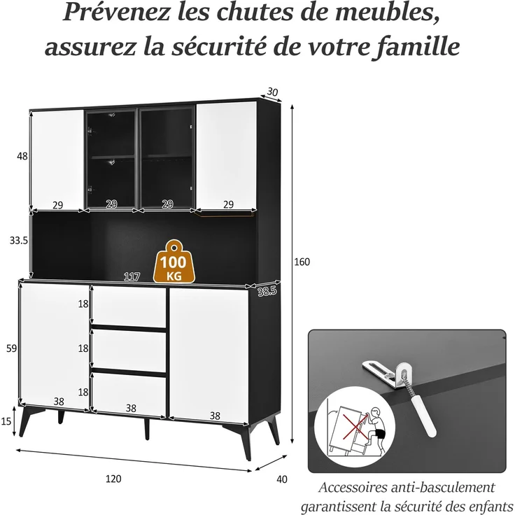 Hochschrank, Vitrine, Anrichte, Sideboard, Esszimmerschrank, Wohnzimmerschrank, Schwarz-Weiß Optik, Küchenschrank, Vitrine mit Glasfront,3 Schubladen, goldener Gläserhalter, per App farbverstellbare L--Schwarz, Weiß--120x40x160cm--YOUDENOVA – Bild 8