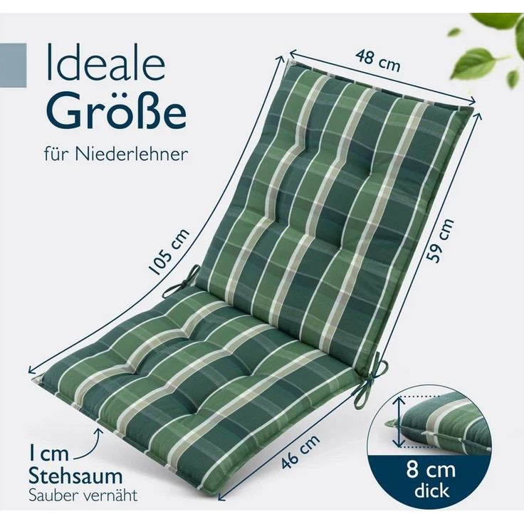 Beautissu Sitzauflage Premium Niedriglehner AuflageSun-NL, 100x50cm, Grün Kariert, 8cm Dicke Gartenstuhlauflage mit Befestigung UV-Lichtechtheit 5 – Bild 2