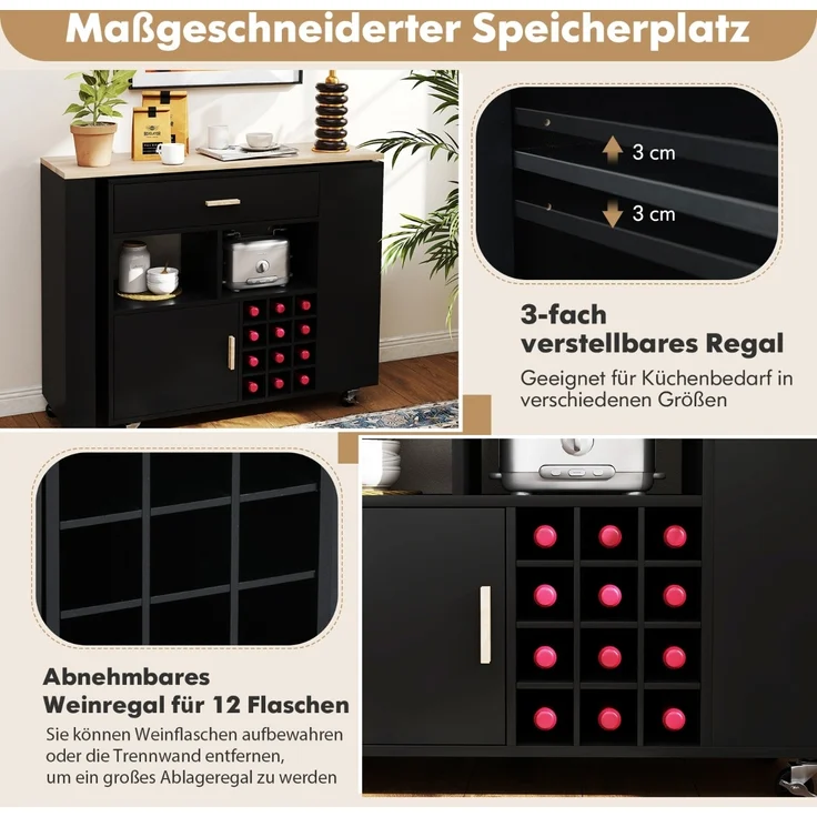 Küchenwagen & Bartisch mit Verstellbarem Regal & Schublade & Gewürzregal & Weinregal Schwarz – Bild 5