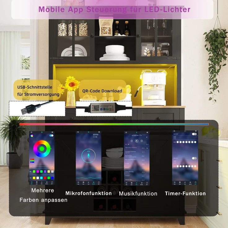 Küchenschrank(105×38.4×180cm), Hochschrank Küchenbuffet, Vitrinenschrank, Buffetschrank mit Verstellbaren Ablagen, Sideboard mit LED-Beleuchtung,Variable Lichtfarben, schwarz--Schwarz--105x38.4x180cm--YOUDENOVA – Bild 9