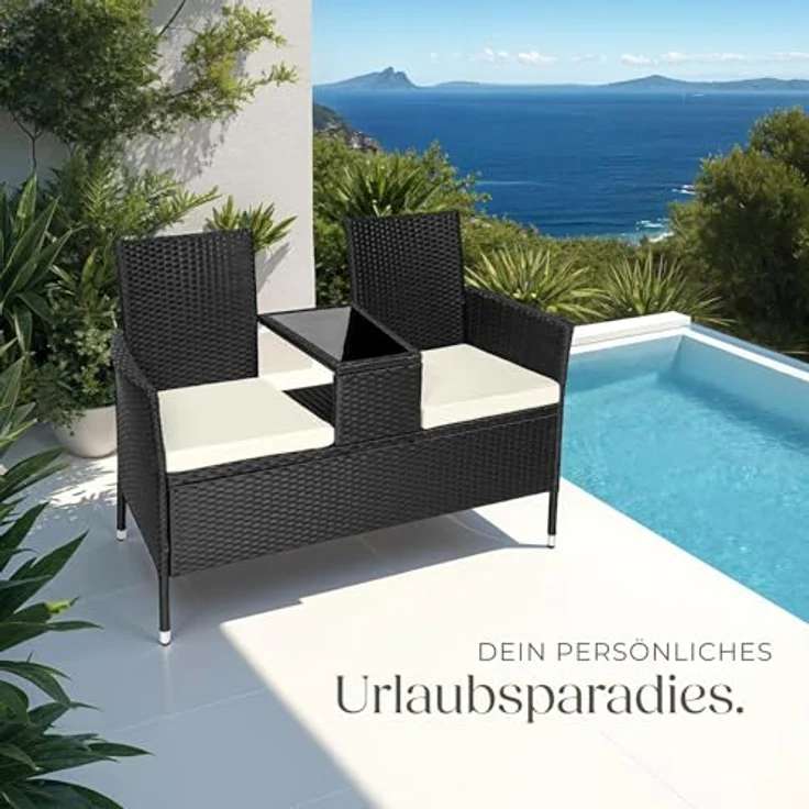 tectake 404557 Poly Rattan Gartenbank mit Tisch, 2-Sitzer Bank, 131 x 61 x 82 cm, Sitzbank für Garten Balkon und Terrasse, Gartensitzbank inkl. Sitzkissen, schwarz-beige – Bild 9
