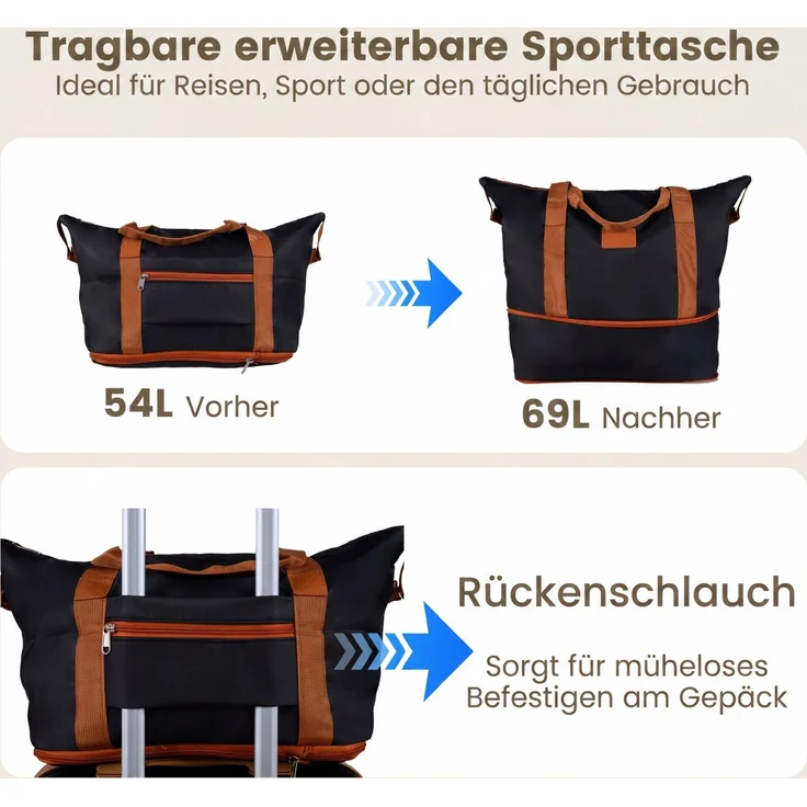Koffer Set 5 Teilig Erweitbarer Hartschale Reisekoffer mit 1 Reisetasche & 1 Kulturbeutel Schwarz SH1438 – Bild 4