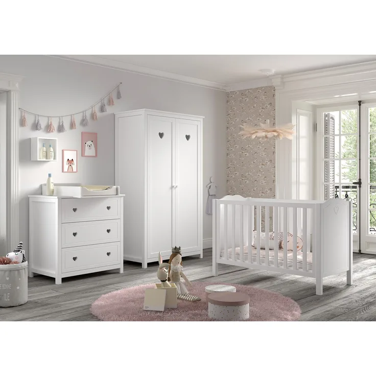 AMORI 4-tlg Set best. aus: Babybett 60x120 cm, Kommode m. 3 Schubladen, Wickelaufsatz, Kleiderschrank 2-trg, weiß lackiert