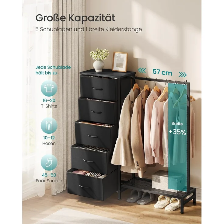 SONGMICS 3-in-1 Garderobenständer mit 5 Schubladen und Kleiderstange, 96,2 x 30 x 117,7 cm, Schwarz – Bild 4