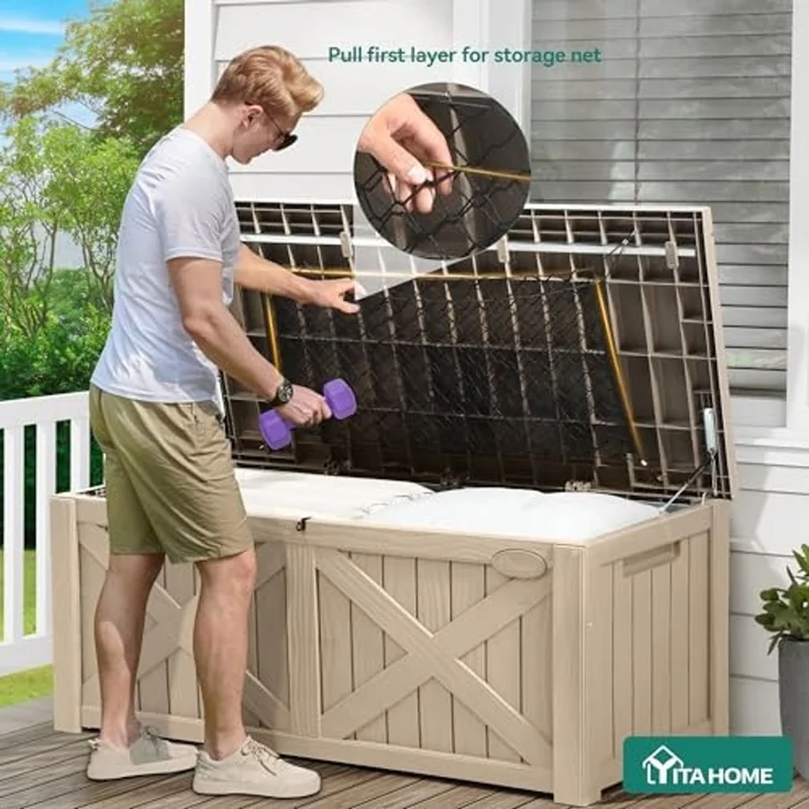 YITAHOME Große Aufbewahrungsbank 450 Liter mit X-Front, Wetterfeste Outdoor-Sitzbank, Resin Gartenbox für Terrassenkissen, Poolzubehör, Gartengeräte - Abschließbar, Hellbraun – Bild 6