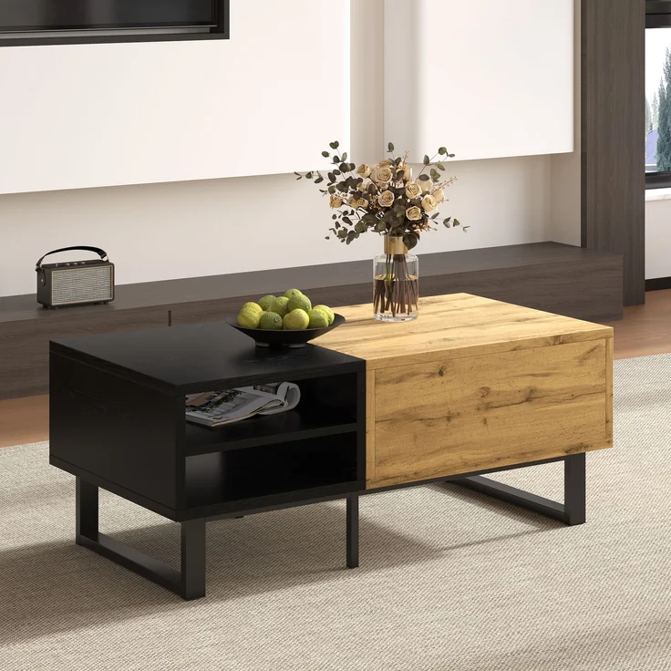 Couchtisch mit Schublade und 3 offenen Fächern, Wohnzimmertisch in Schwarz-Holz-Optik – Bild 2