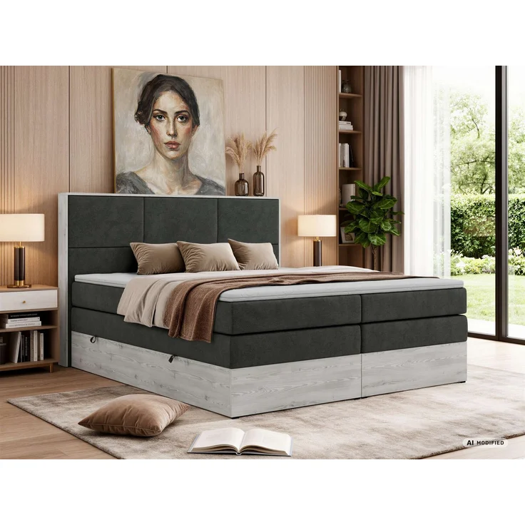 Boxspringbett DELNOR KING 160 x 200 cm Doppelbett mit Bettkasten Kopfteil 7-Zonen Multipocket-Matratze H3 Topper T25 ergonomisch Polsterbett - Dunkelgrau Stukture – Bild 1