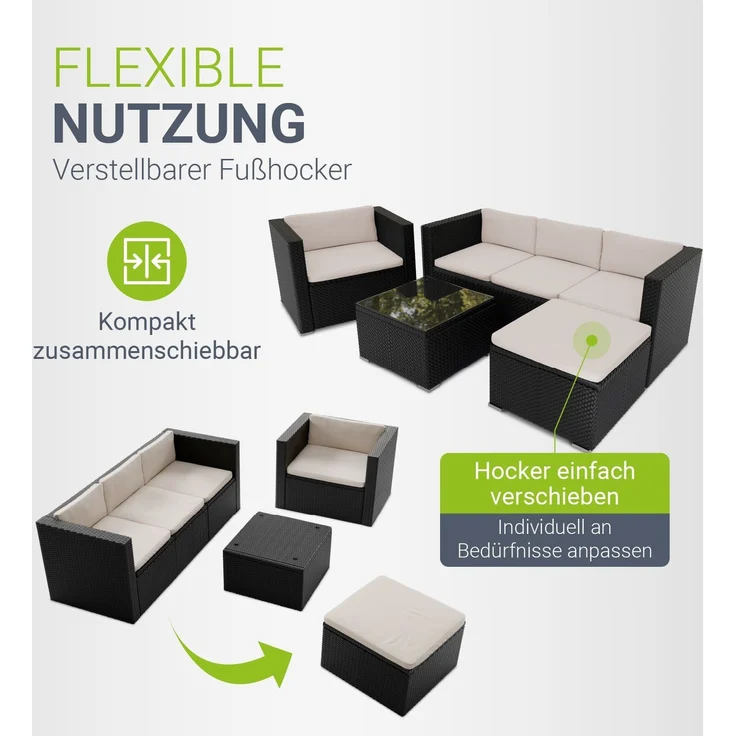 Juskys Polyrattan Lounge Punta Cana L schwarz inkl. Abdeckung – Gartenlounge für 4-5 Personen – Sitzgruppe mit Sessel, Sofa, Tisch & Hocker - Sitzbezüge Dunkelgrau – Bild 6