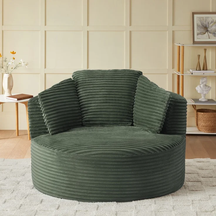 Übergroßes rundes Sofa, ultraweicher Cord-Loungesessel mit Federkernkissen, vollständig komprimierbarer Sitzsack mit Baumwollfüllung, keine Montage erforderlich, maximale Belastbarkeit 80 kg, für Wohnzimmer und Schlafzimmer--Dunkelgrün--124x113x86cm--Y... – Bild 7